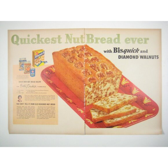 Vintage 1950s Bisquick Diamond Walnuts Recipe Ad Print 2 Page Betty Crocker MOD - Picture 1 of 2